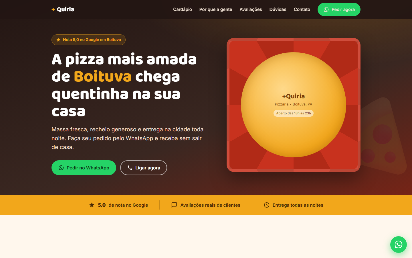 Prévia do site de uma pizzaria criado pela Nexora, com o título ‘A pizza mais amada de Boituva chega quentinha na sua casa’.