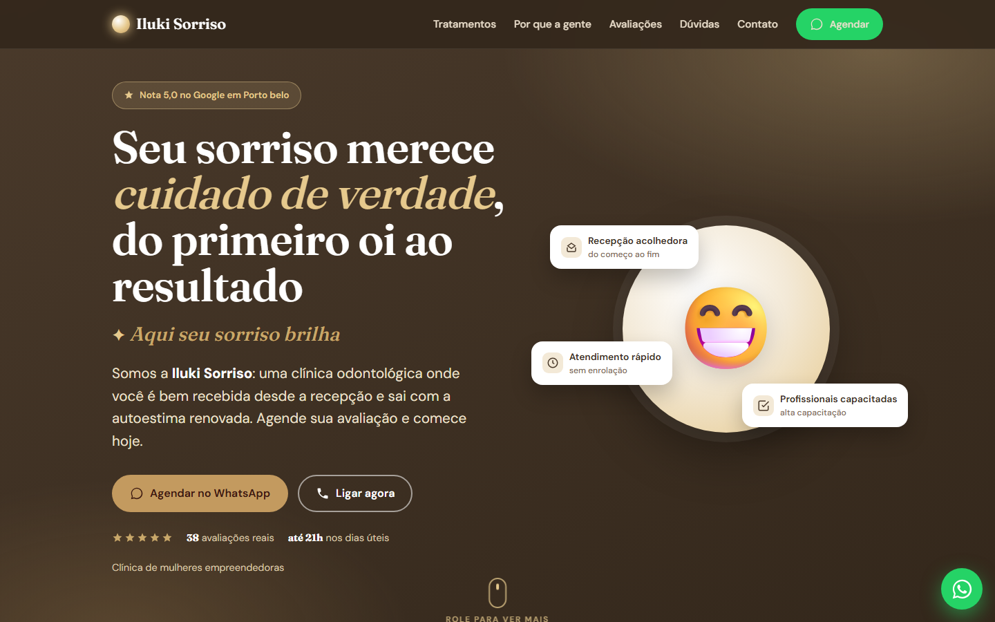 Prévia do site de uma clínica odontológica criado pela Nexora, com o título ‘Seu sorriso merece cuidado de verdade’.